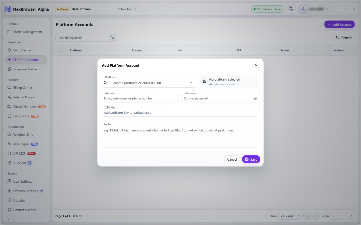 Add Platform Account dialog