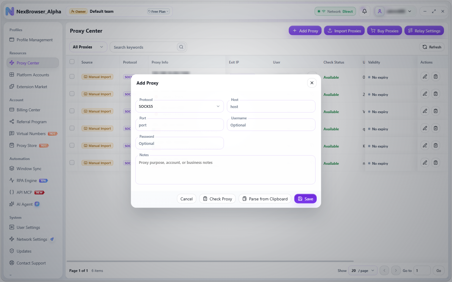 Add Proxy dialog