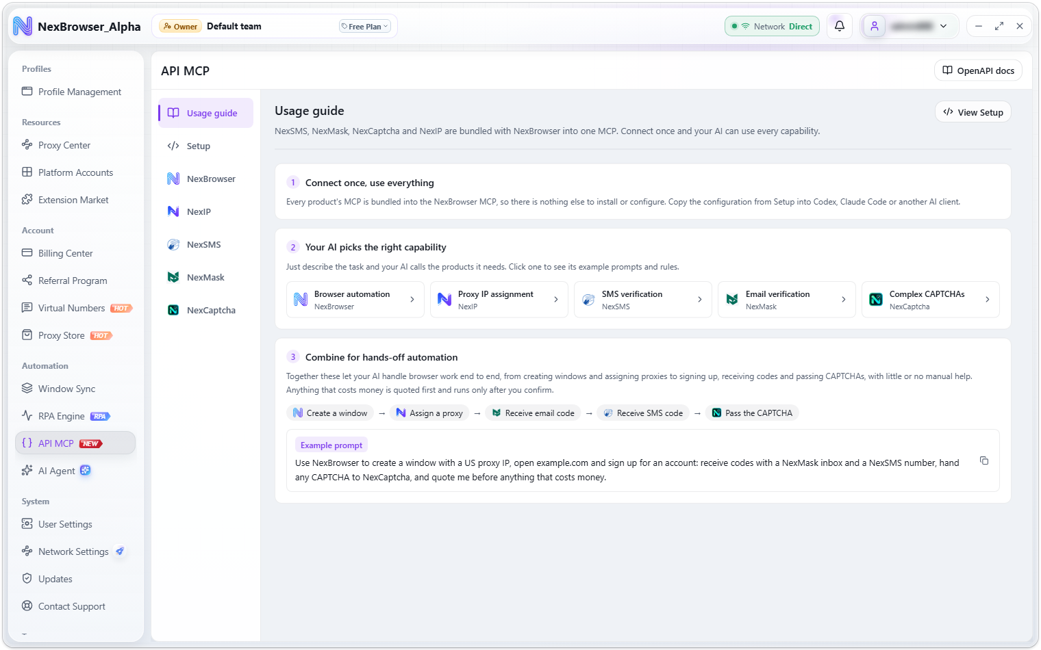 API MCP page (Usage Guide)