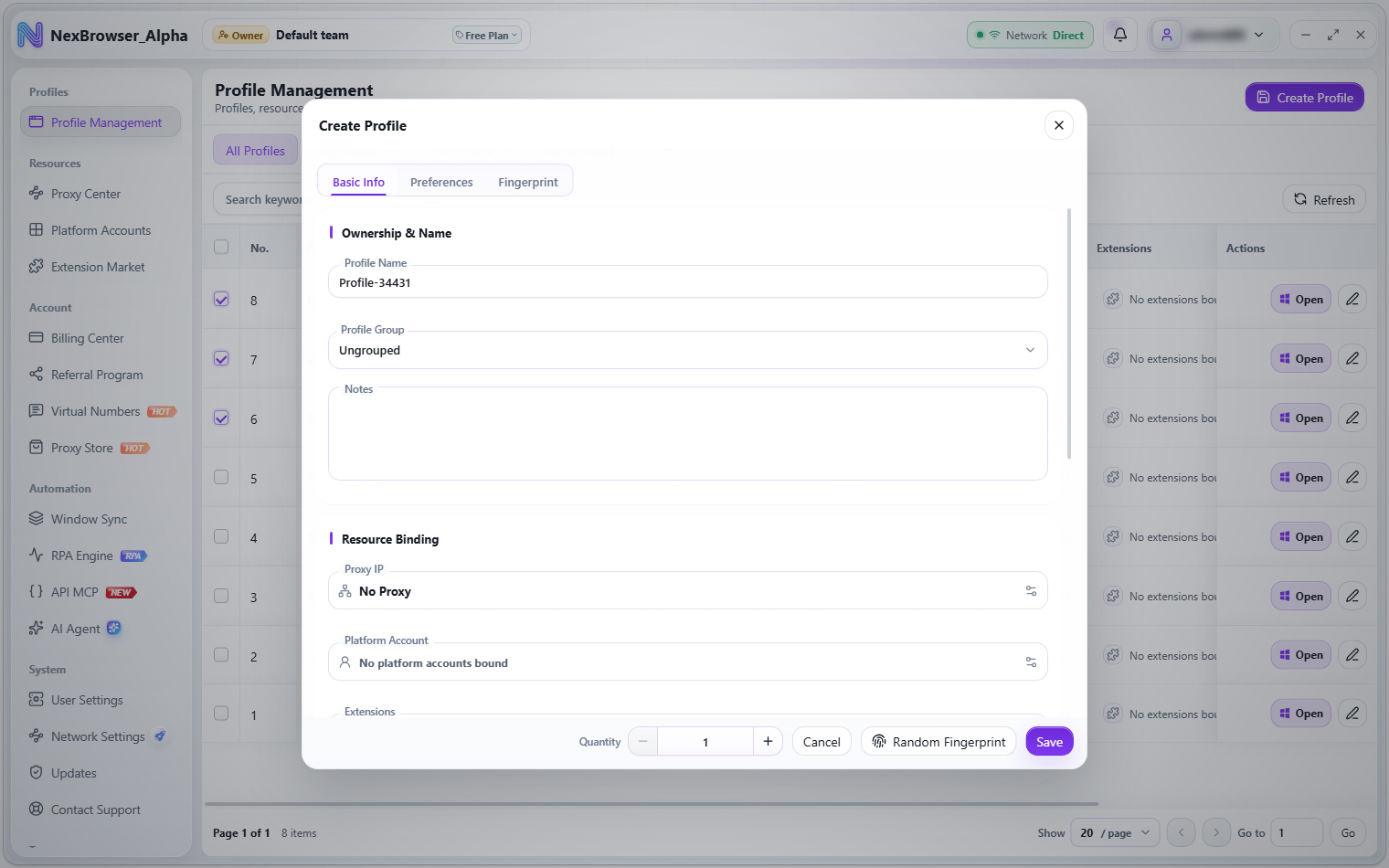 Create Profile dialog