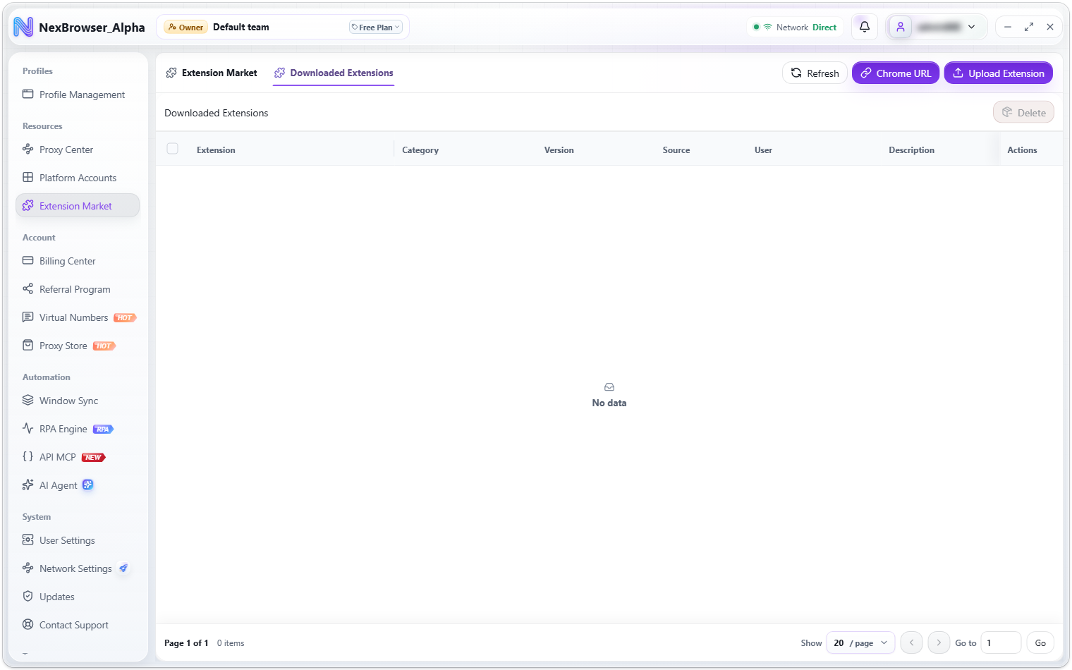 Downloaded Extensions tab