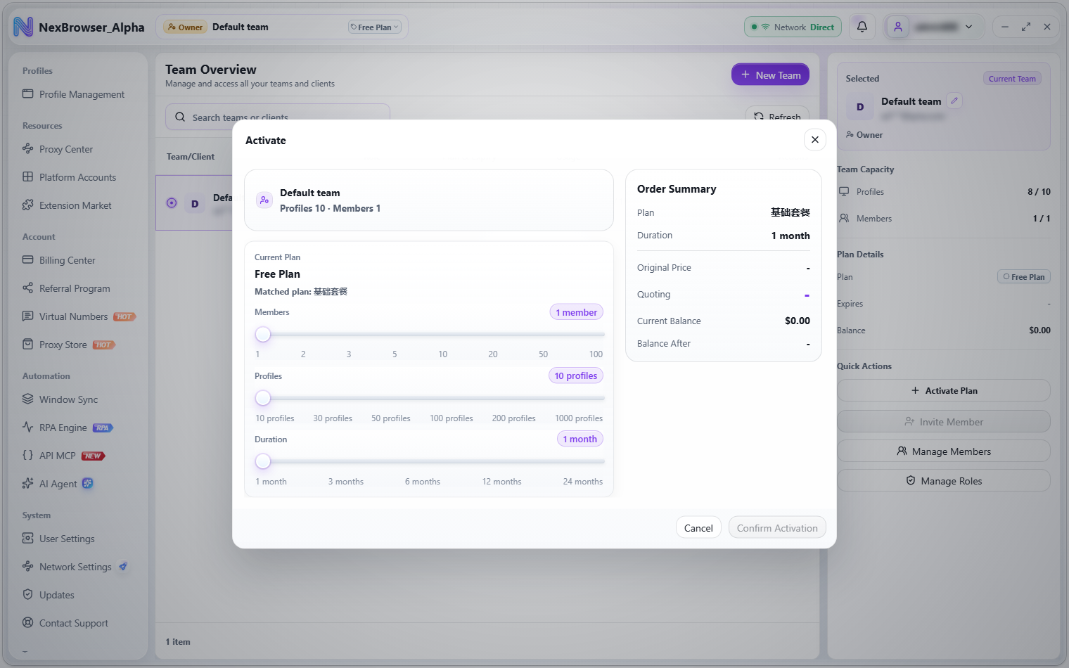 Team plan and order summary