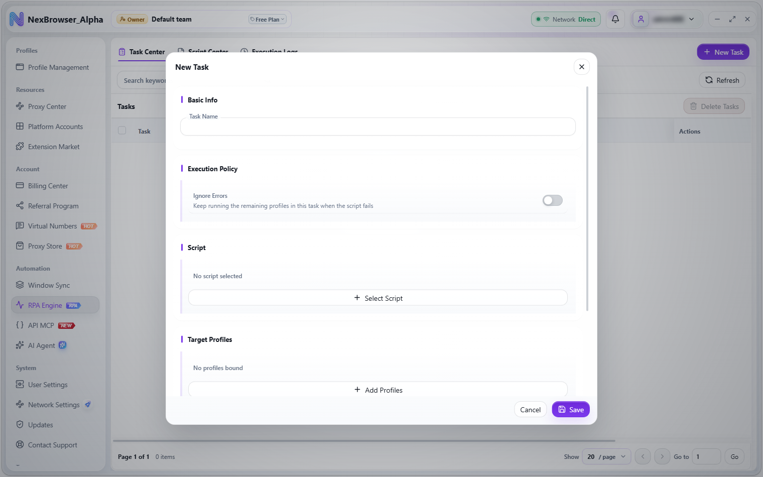 New task dialog