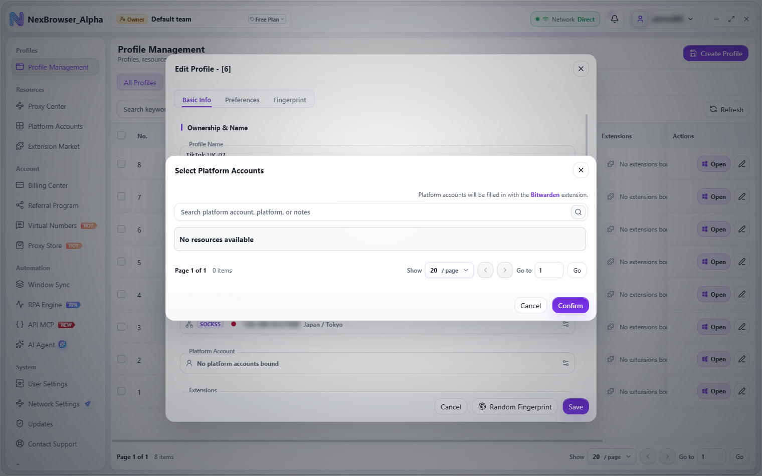 Select Platform Accounts dialog