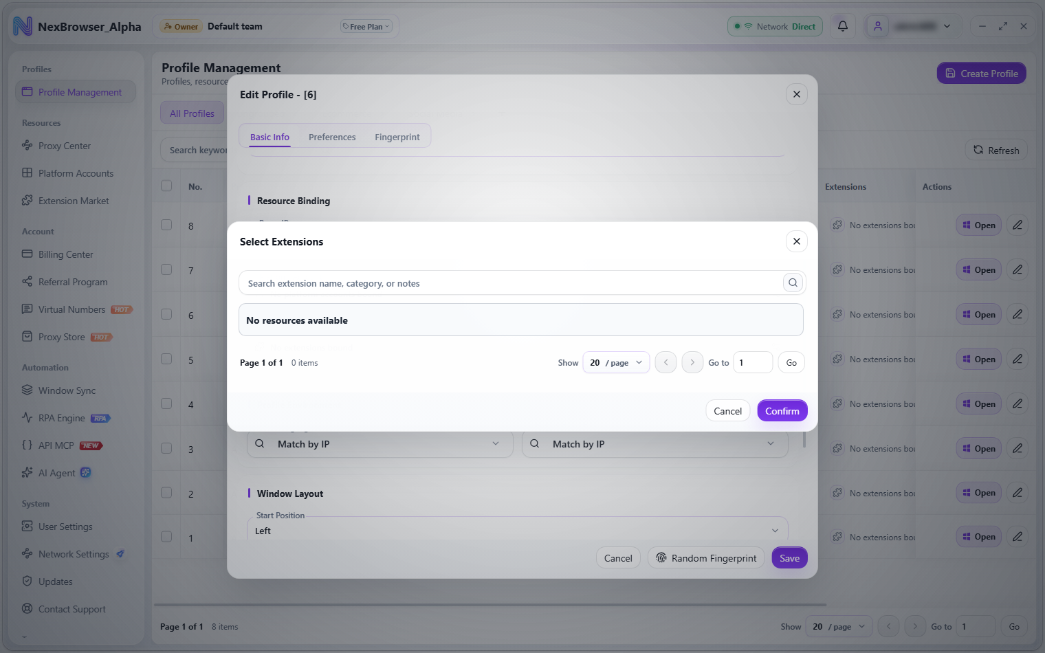 Select Extensions dialog