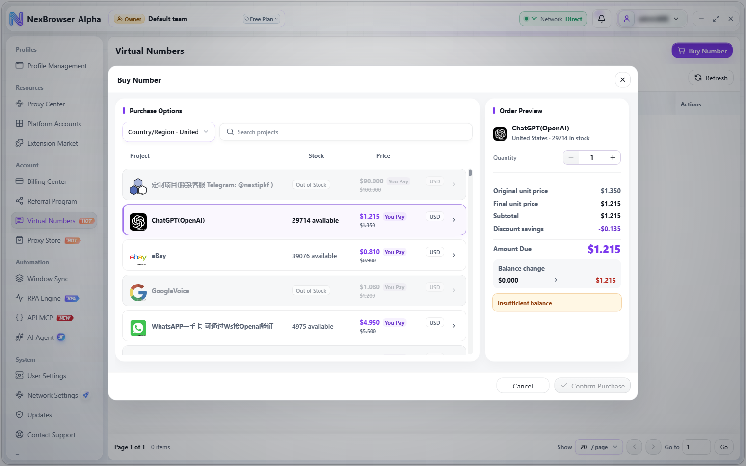 Buy Number dialog