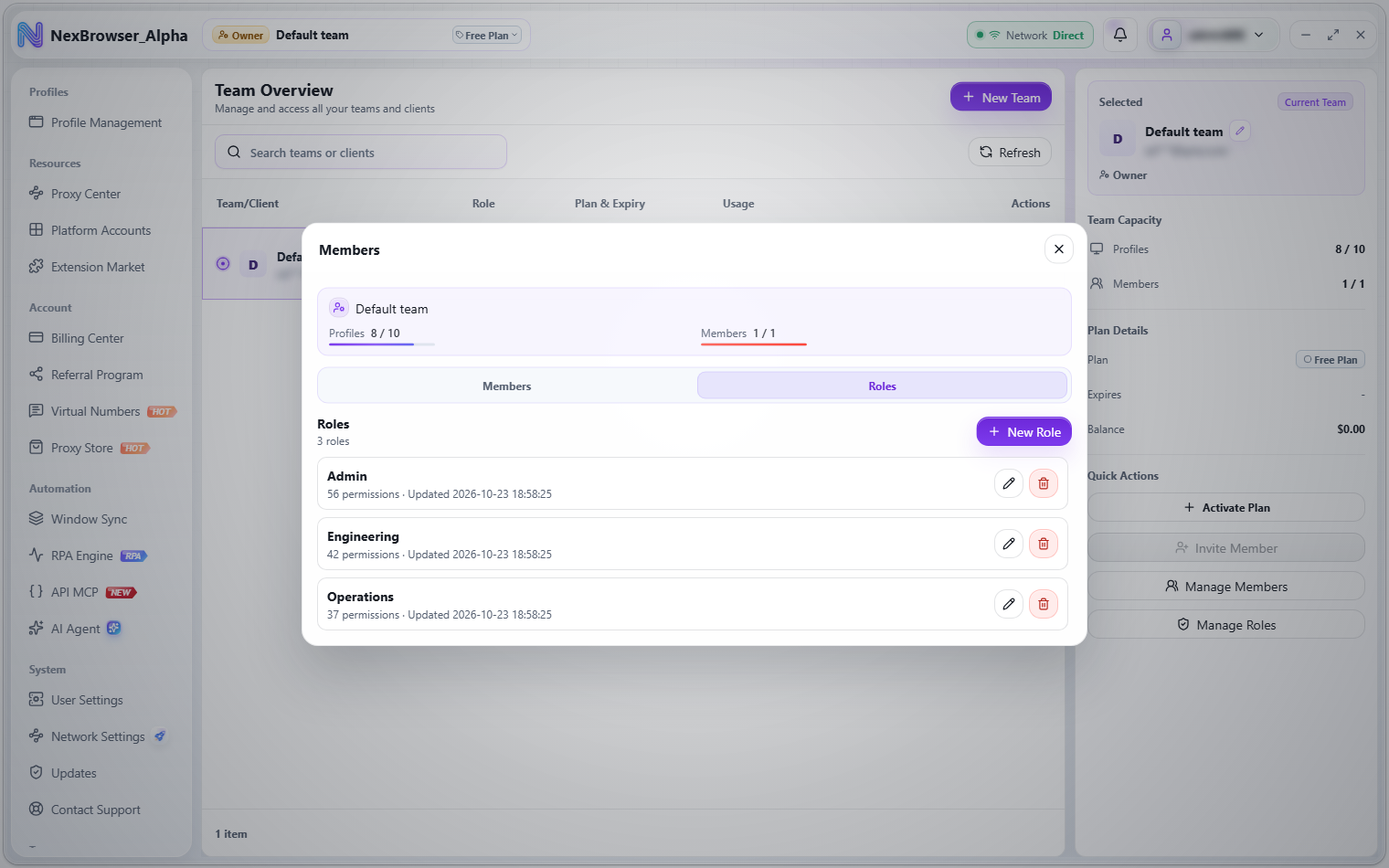 Roles tab of the Members dialog
