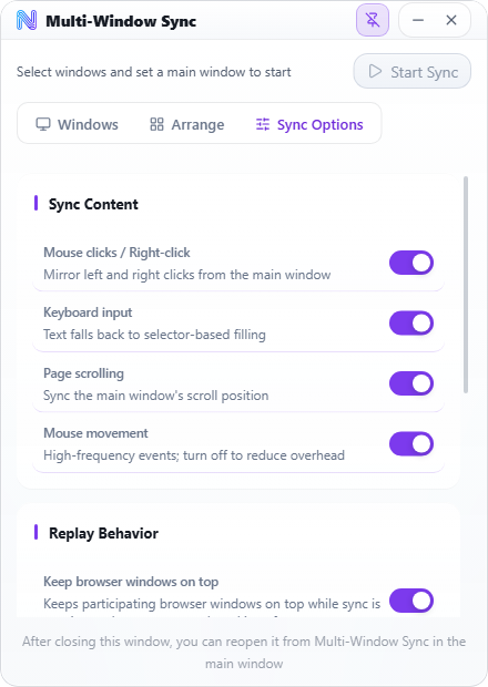 Sync Options tab