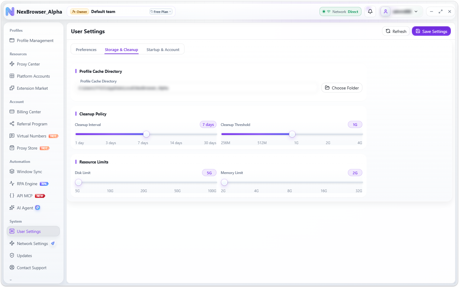 User Settings - Storage &amp; Cleanup