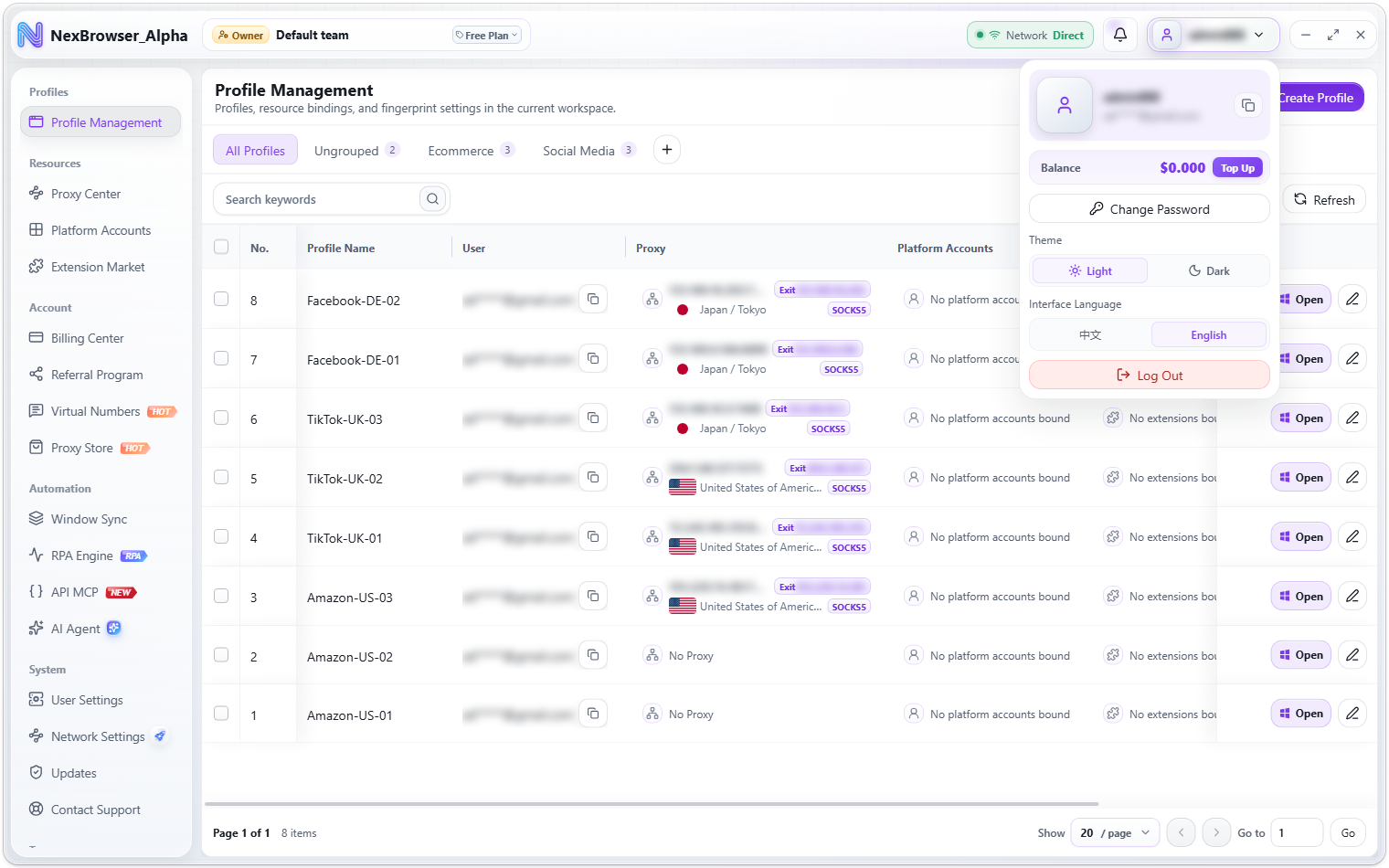 Theme and interface language switches in the user menu